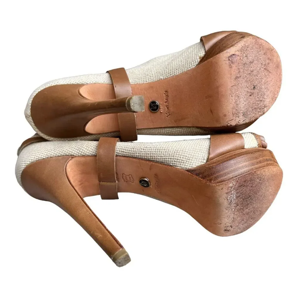 Velvet Angels Womens Platform Peep Toe Tan Leather Woven Pumps Sz 37.5 EU 6.5 US